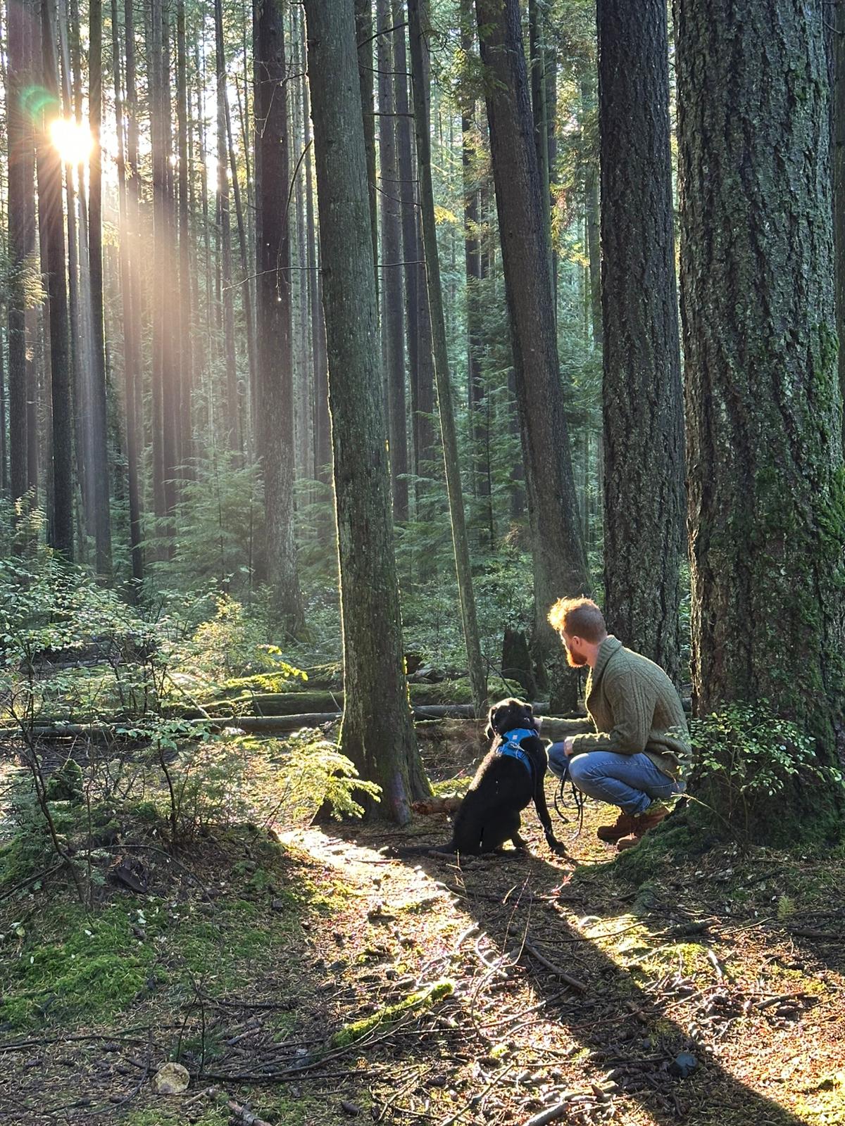 Eric in a sunlit forest with his dog